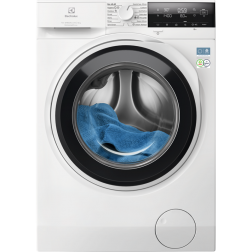 Valkoinen edestä täytettävä pesukone, jossa on musta pyöreä ovi ja suuri lasi; rummussa on sininen vaate. Ohjauspaneeli sijaitsee ylhäällä oikealla.